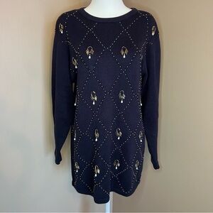 PETITE SOPHISTICATE Navy Blue Sweater Gold Beads Pearl Shoulder Pads Small VTG